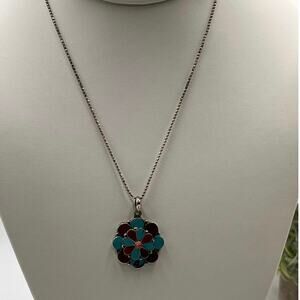 Sterling Silver Turquoise Coral Inlay Floral Bloom Spinning Pendant Necklace